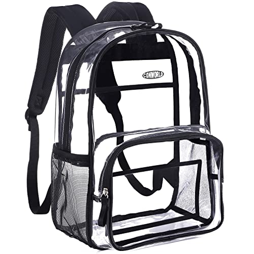 Conworld Large Heavy Duty Clear Backpack, Clear Bookbag Transparent Backpack for School Work Sports, Women Men Large Clear Backpack Black