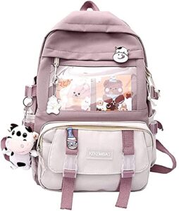 kawaii backpack for school japanese, aesthetic backpack for women girls cute korean style bags with with kawaii pin and accessories (purple)