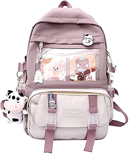 Kawaii Backpack for School Japanese, Aesthetic Backpack for Women Girls Cute Korean Style Bags with with Kawaii Pin and Accessories (Purple)
