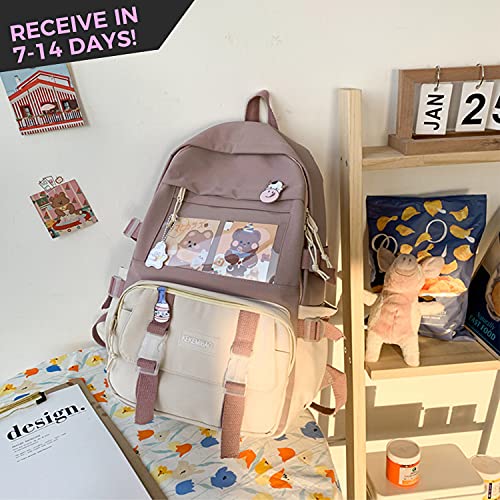 Kawaii Backpack for School Japanese, Aesthetic Backpack for Women Girls Cute Korean Style Bags with with Kawaii Pin and Accessories (Purple)