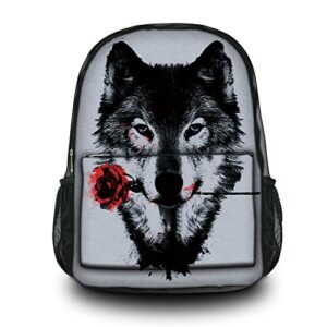 fashion unisex canvas rucksack vintage computer laptop backpack school travel shoulder backpack bag (wolf with rose) cpb-60