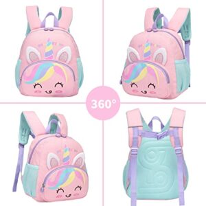 DNSHAN 3D Animal Toddler Bag Girls Boys, Preschool Kindergarten Daycare Nursary Travel Mini Toddler Bookbag with Anti-Lost Safety Rope,School Bag for Baby Girl Boy 1-4 Years,Unicorn