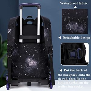 Starry Sky Boys 3 Piece Rolling Backpack Teen Galaxy 3 in 1 Bookbag Elementary School with Wheeled Daypack Trolley Six Wheels