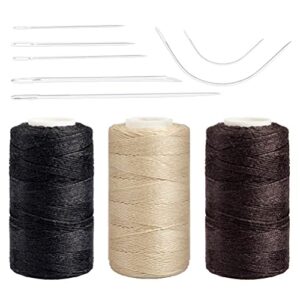 3 rolls hair weaving threads, sewing threads with 7 pieces c/j/i shaped needles sewing waxed thread for hand sewing, hair extensions, making wigs diy