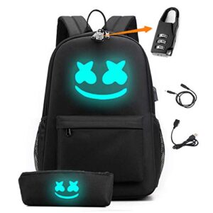 smile luminous backpack with usb charging port & anti-theft lock & pencil case for school, unisex school bookbag daypack laptop backpack (black)