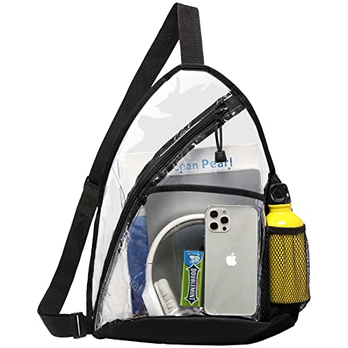 Clear Sling Bag, Stadium Approved Clear Sling Backpack, PVC Crossbody Shoulder Backpack, Transparent Casual Chest Daypack with Adjustable Strap for Men Women Outdoor Travel, Black