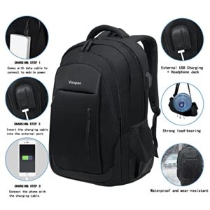 Vaupan Travel Laptop Backpack, Durable Business Backpack with USB Charging Port and Headphone Interface, Water Resistant College School Computer Bag Gifts for Men Women, Fits 15.6 Inch Notebook, Black