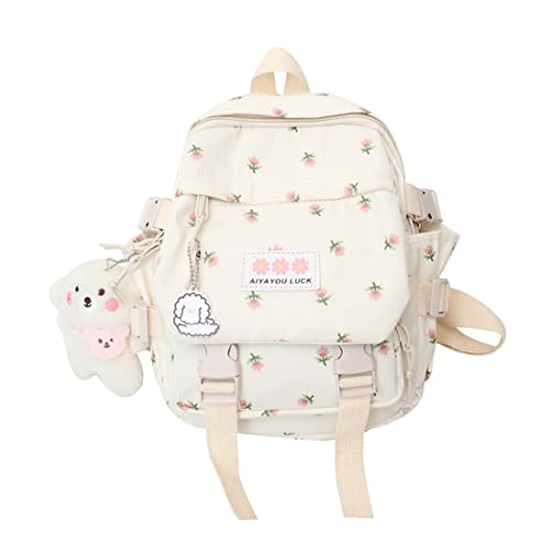 Aesthetic Backpack 10.6 Inch Kawaii Backpack With Pendant Mini Backpack For Girls Cute School Bag Japanese School Bag Flowers Backpack (White)