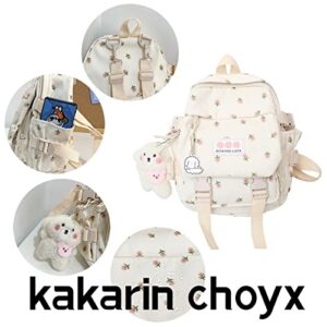 Aesthetic Backpack 10.6 Inch Kawaii Backpack With Pendant Mini Backpack For Girls Cute School Bag Japanese School Bag Flowers Backpack (White)