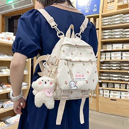 Aesthetic Backpack 10.6 Inch Kawaii Backpack With Pendant Mini Backpack For Girls Cute School Bag Japanese School Bag Flowers Backpack (White)