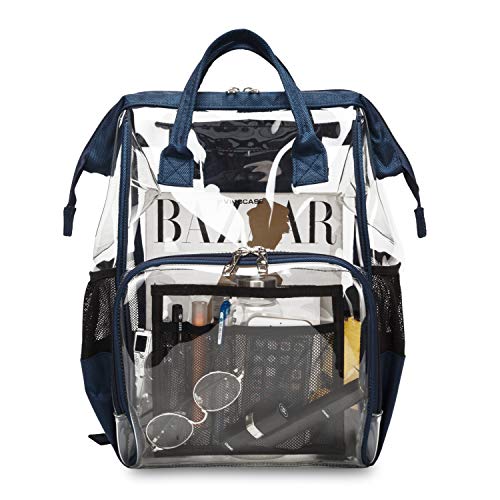 Heavy Duty Clear Backpack Transparent PVC Plastic Bookbag See Through Backpacks for School,Stadium,Security,Concert (Navy blue)