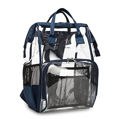 Heavy Duty Clear Backpack Transparent PVC Plastic Bookbag See Through Backpacks for School,Stadium,Security,Concert (Navy blue)