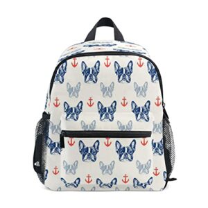 French Bulldog Pattern Nautical Anchor Backpack for Kids Boys Girls Students School Bag Toddler Daycare Preschool Shoulder Bookbag with Chest Strap Kindergarten Elementary Travel S