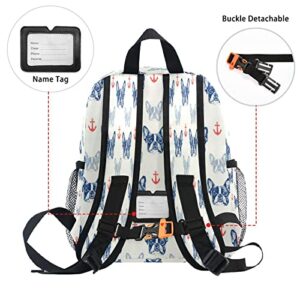 French Bulldog Pattern Nautical Anchor Backpack for Kids Boys Girls Students School Bag Toddler Daycare Preschool Shoulder Bookbag with Chest Strap Kindergarten Elementary Travel S