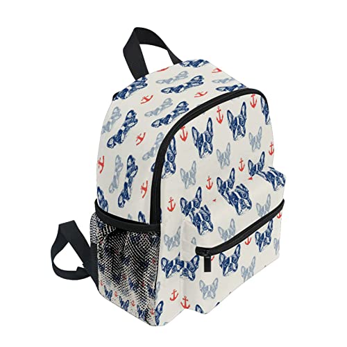 French Bulldog Pattern Nautical Anchor Backpack for Kids Boys Girls Students School Bag Toddler Daycare Preschool Shoulder Bookbag with Chest Strap Kindergarten Elementary Travel S