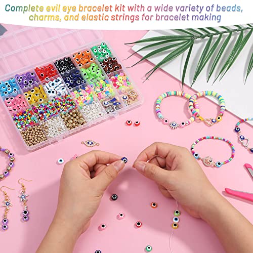 Evil Eye Bracelet Making Kit, Acejoz Bracelet Making Kit with Evil Eye Beads, Evil Eye Charms, Clay Beads, Gold Beads, Glass Seed Beads and Elastic String for Bracelets