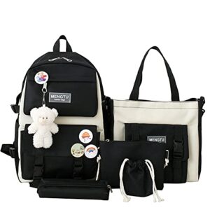 mqun 5pcs school bags set kawaii backpacks with pendant lunch bag, pencil case, handbag, coin purse for teen girls school backpack