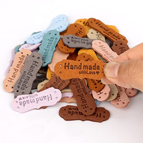 SAVITA 50pcs Handmade Leather Labels, Microfiber Colorful Leather Labels with Love Hearts Handmade Embossed Crochet Tags with Holes for Crafts Knitting Sewing Hats Purses Clothing (10 Colors)