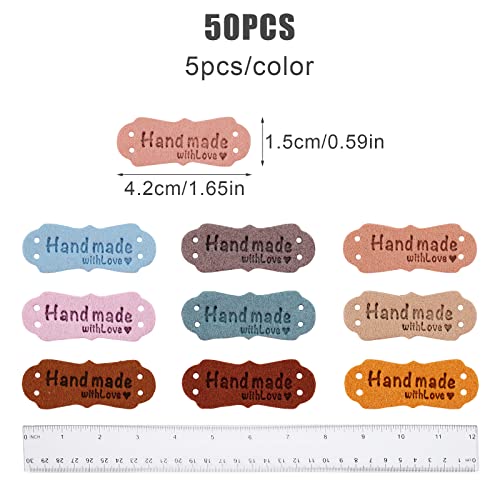 SAVITA 50pcs Handmade Leather Labels, Microfiber Colorful Leather Labels with Love Hearts Handmade Embossed Crochet Tags with Holes for Crafts Knitting Sewing Hats Purses Clothing (10 Colors)