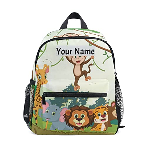 Glaphy Custom Kid's Name Backpack, Cartoon Monkey Lion Tiger Elephant Toddler Backpack for Daycare Travel, Personalized Name Preschool Bookbags for Boys Girls