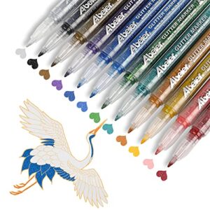 glitter paint pens, water-based acrylic ink markers, 12 glitter colors, fine point tip, paint for greeting card, wood, fabric, rock painting, scrapbooking, albums, and more