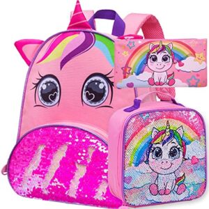 klfvb 3pcs toddler backpack for girls, 12” cute unicorn preschool bookbag and lunch box, cute kids little sequin schoolbag