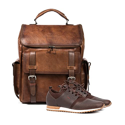 VELEZ Archaeology Tan Leather Backpack for Men + Brown Neoprene Shoes for Men 10.5