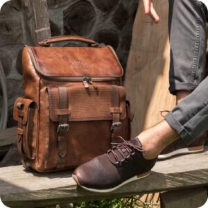 VELEZ Archaeology Tan Leather Backpack for Men + Brown Neoprene Shoes for Men 10.5