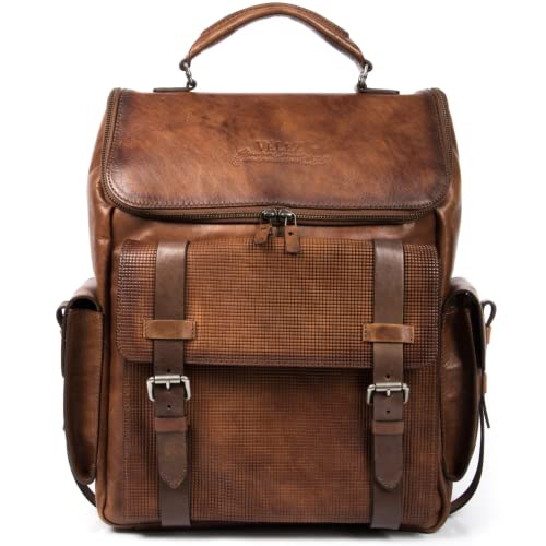 VELEZ Archaeology Tan Leather Backpack for Men + Brown Neoprene Shoes for Men 10.5