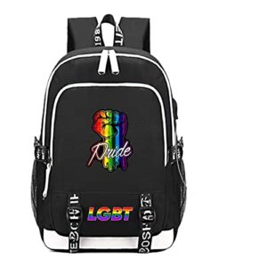 lgbt gay pride daypack student school bag laptop backpack with usb charging port (black2)