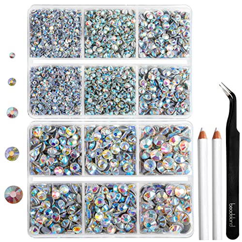 6736pcs Hotfix Rhinestones Flatback,AB Crystal Rhinestones for Crafts Clothes Mixed 5 Sizes, Hotfix Crystals with Tweezers and Wax Pencil Kit, SS6-SS30,Crystal AB