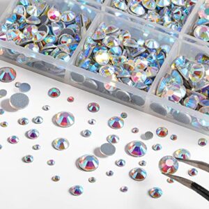 6736pcs Hotfix Rhinestones Flatback,AB Crystal Rhinestones for Crafts Clothes Mixed 5 Sizes, Hotfix Crystals with Tweezers and Wax Pencil Kit, SS6-SS30,Crystal AB