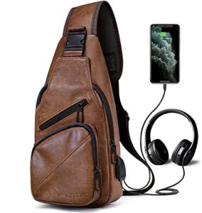 innoscent smell proof sling bag backpack -combination lock- lightweight waterproof shoulder crossbody bag with usb/headphone charging port brown leather.