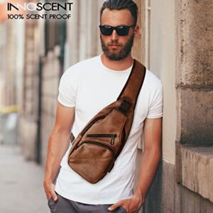 INNOSCENT SMELL PROOF Sling Bag Backpack -COMBINATION LOCK- Lightweight Waterproof Shoulder Crossbody Bag with USB/Headphone Charging Port Brown Leather.