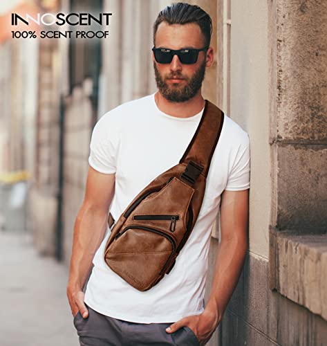 INNOSCENT SMELL PROOF Sling Bag Backpack -COMBINATION LOCK- Lightweight Waterproof Shoulder Crossbody Bag with USB/Headphone Charging Port Brown Leather.