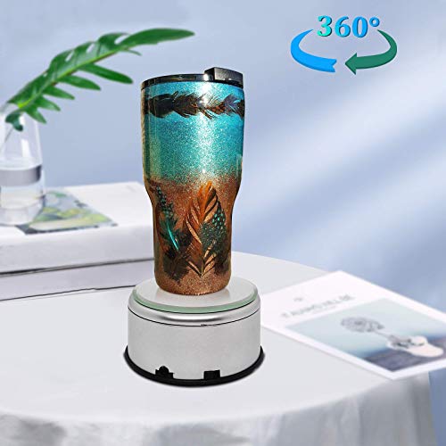 USLINSKY Cup Display Stand Turner For Epoxy Glitter Tumblers, Battery / USB Operated 360 Degree Rotating Display Base Turntable, Tumbler Spinner Machine Silver Mirrored Top for Bling Tumblers Mugs