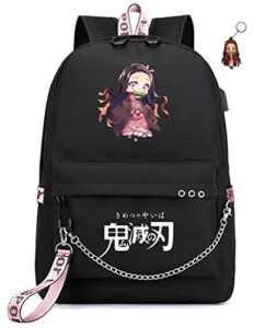 fsrongxi 17inch anime backpack for school nezuko bookbag anime rucksack with usb charging port, free keychain 17.7inch (nezuko)