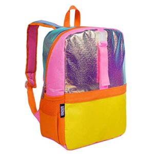 wildkin pack-it-all kids backpack for boys & girls, ideal size for school & travel backpack for kids, features front strap, interior sleeve, back support & side pocket (orange shimmer)
