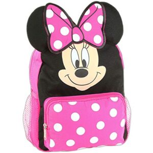 disney minnie mouse mini backpack for toddlers ~ deluxe 12″ minnie face bag with 3d ears and bow (minnie mouse school supplies bundle)