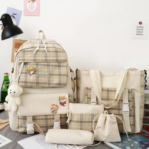 5Pcs Kawaii School Backpacks Combo Cute Bear Pendant Pins Plaid Check Back To School Supplies Canvas Schoolbag Daypack (Khaki)