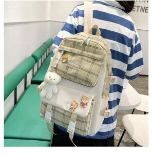 5Pcs Kawaii School Backpacks Combo Cute Bear Pendant Pins Plaid Check Back To School Supplies Canvas Schoolbag Daypack (Khaki)