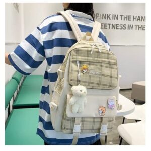 5Pcs Kawaii School Backpacks Combo Cute Bear Pendant Pins Plaid Check Back To School Supplies Canvas Schoolbag Daypack (Khaki)