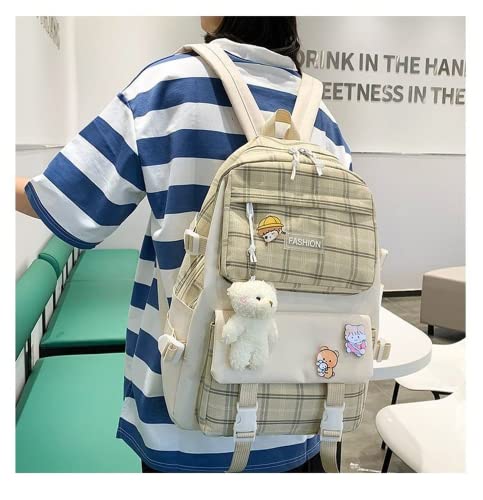 5Pcs Kawaii School Backpacks Combo Cute Bear Pendant Pins Plaid Check Back To School Supplies Canvas Schoolbag Daypack (Khaki)