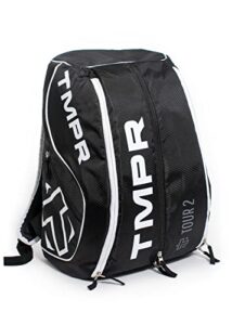 tmpr sports tour backpack 2 – pickleball bag for men & women with laptop compartment, lightweight & adjustable, comfortable straps, great for outdoors, hiking, camping, gym, sports and more, black/white