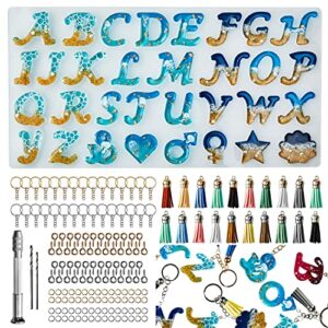 isseve 164pcs obverse alphabet resin molds kit, silicone molds for resin casting diy, letter & ornament epoxy molds resin keychain making set with 1 hand drill 2 drill bits 160pcs keychain supplies