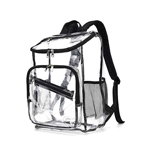 Clear Backpack Heavy Duty, Large PVC See Through Backpack with Water Bottle Holder, Clear Book bags Clear School Backpack for School, Stadium, Football Games, College (Black)