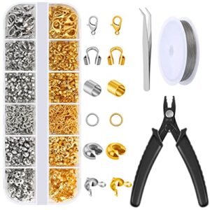 acejoz 1200 pcs crimp beads kit for jewelry making, crimp beads, crimp covers, crimp tubes and wire guardians, lobster clasps, jump rings, crimping pliers and beading wire for jewelry making