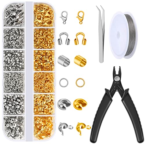 Acejoz 1200 Pcs Crimp Beads Kit for Jewelry Making, Crimp Beads, Crimp Covers, Crimp Tubes and Wire Guardians, Lobster Clasps, Jump Rings, Crimping Pliers and Beading Wire for Jewelry Making