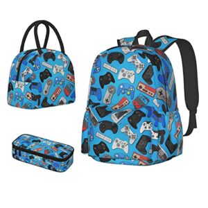 oplp colorful video game controller background large capacity backpack lunch bag pencil case combination 3 piece set