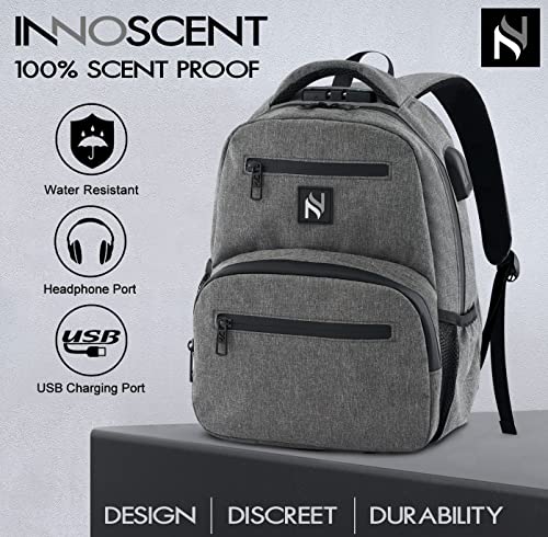 INNOSCENT Mini Smell Proof Backpack With Lock For Men/Women USB & Headphone Port (Light Grey)